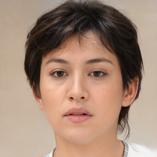 Neutral white young-adult female with medium  brown hair and brown eyes