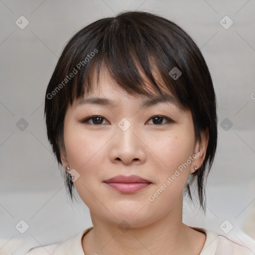 Neutral white young-adult female with medium  brown hair and brown eyes