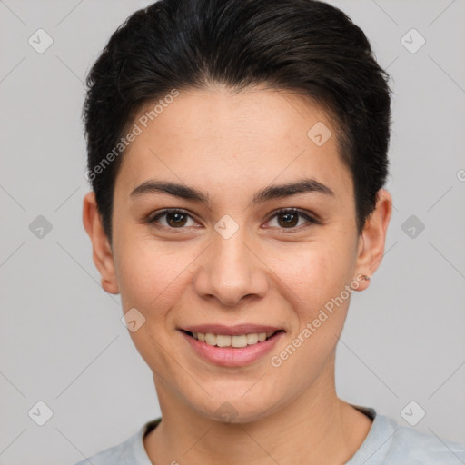 Joyful white young-adult female with short  brown hair and brown eyes