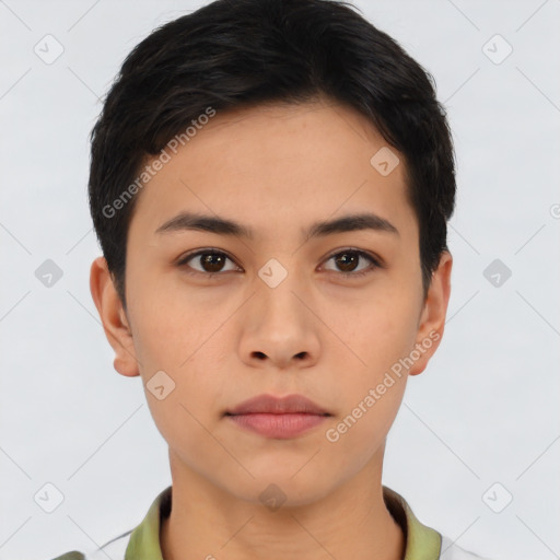 Neutral asian young-adult female with short  black hair and brown eyes