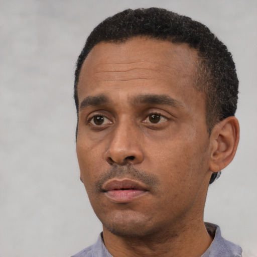 Neutral black adult male with short  black hair and brown eyes