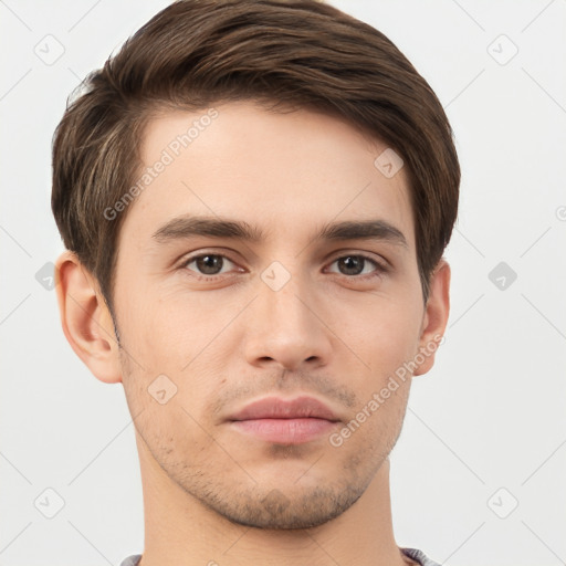 Neutral white young-adult male with short  brown hair and brown eyes