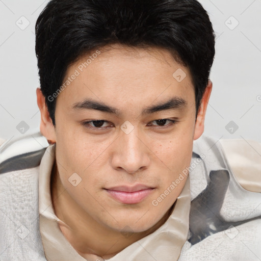 Joyful asian young-adult male with short  brown hair and brown eyes