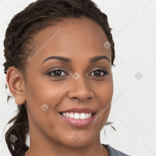 Joyful white young-adult female with long  brown hair and brown eyes