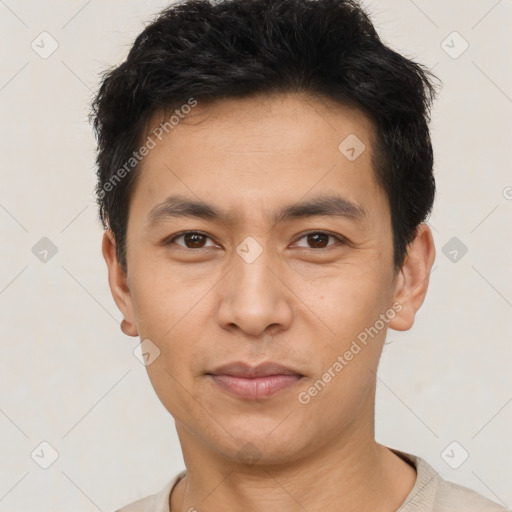 Neutral asian young-adult male with short  black hair and brown eyes