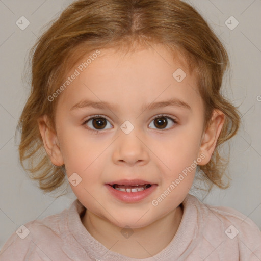 Joyful white child female with medium  brown hair and brown eyes