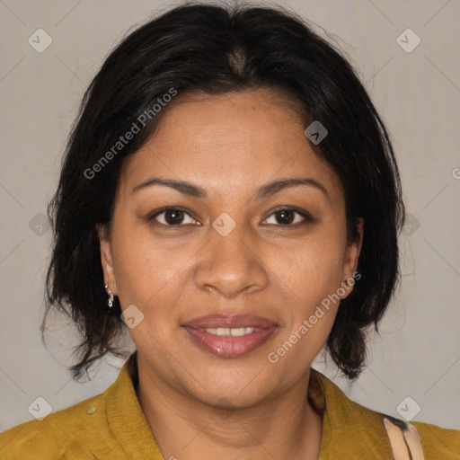 Joyful black adult female with medium  brown hair and brown eyes