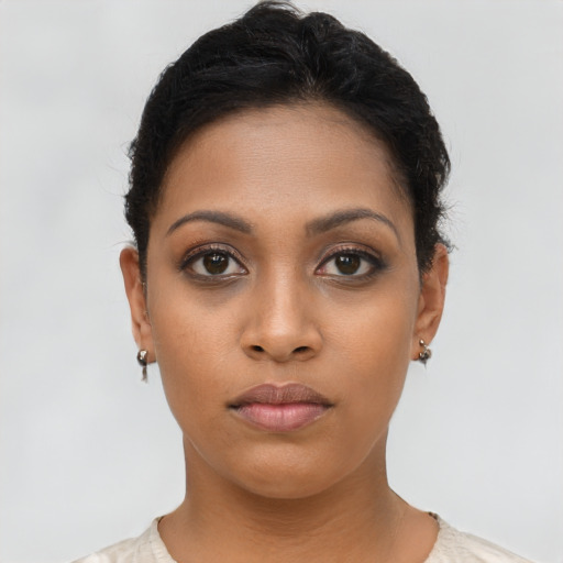 Neutral latino young-adult female with short  brown hair and brown eyes