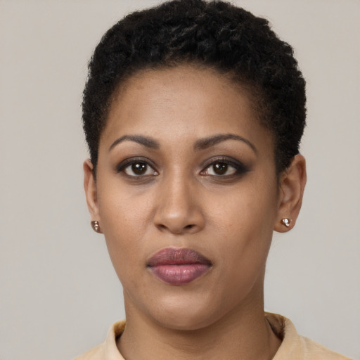 Neutral black young-adult female with short  black hair and brown eyes