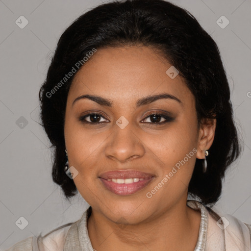 Joyful black young-adult female with medium  brown hair and brown eyes