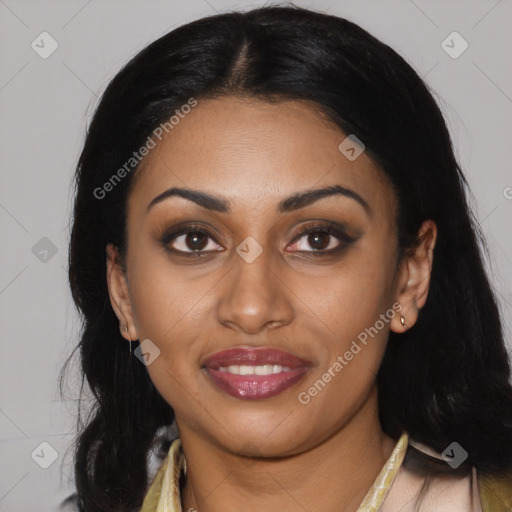 Joyful latino young-adult female with long  black hair and brown eyes
