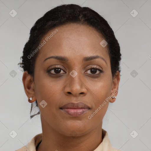 Neutral black young-adult female with short  brown hair and brown eyes