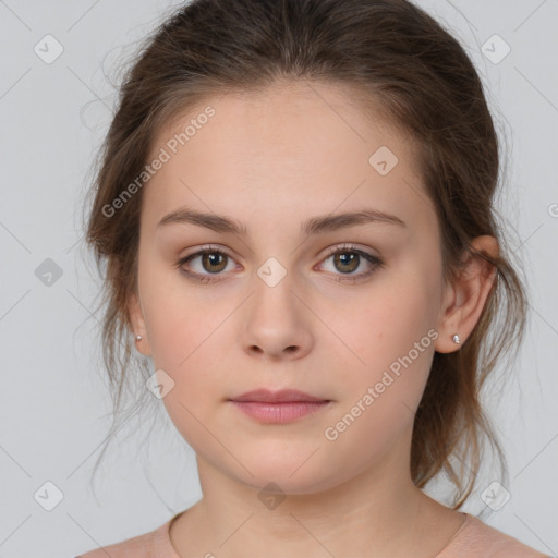 Neutral white young-adult female with medium  brown hair and brown eyes