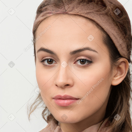 Neutral white young-adult female with long  brown hair and brown eyes