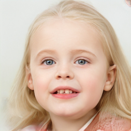 Joyful white child female with medium  blond hair and blue eyes