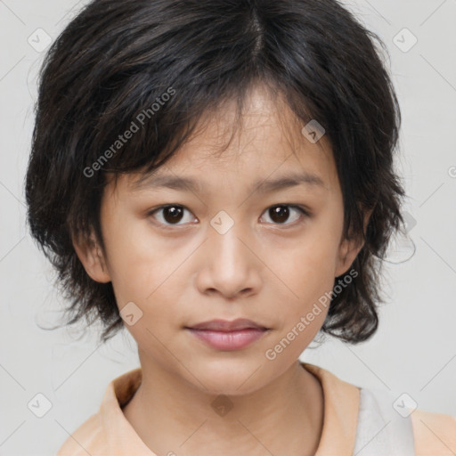 Joyful asian child female with medium  brown hair and brown eyes