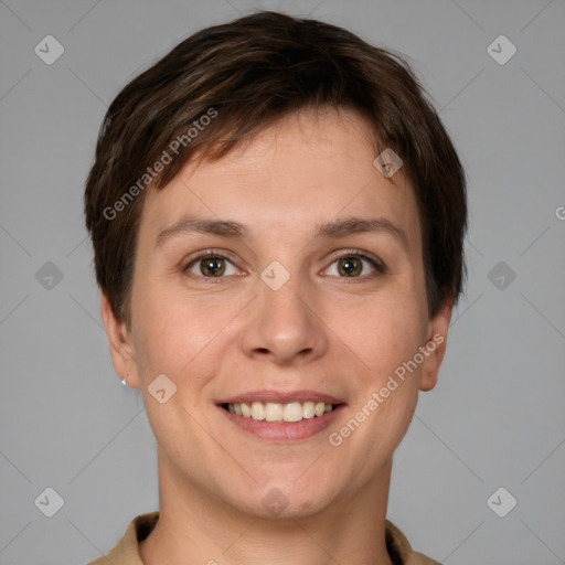 Joyful white young-adult female with short  brown hair and brown eyes