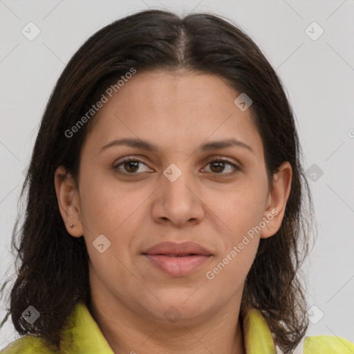 Joyful white adult female with medium  brown hair and brown eyes