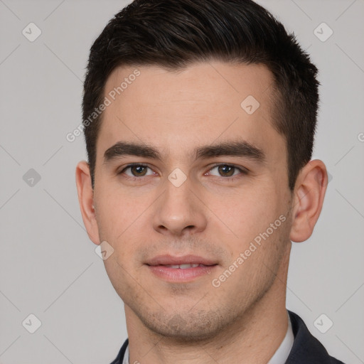 Neutral white young-adult male with short  brown hair and brown eyes