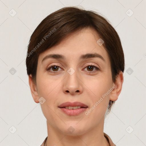 Joyful white young-adult female with short  brown hair and brown eyes