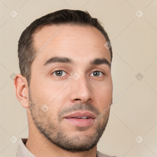 Neutral white young-adult male with short  brown hair and brown eyes