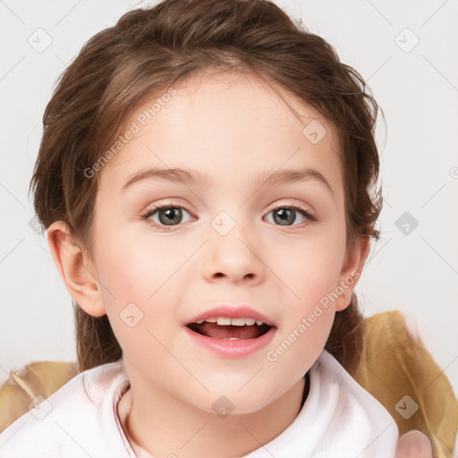 Joyful white child female with medium  brown hair and brown eyes