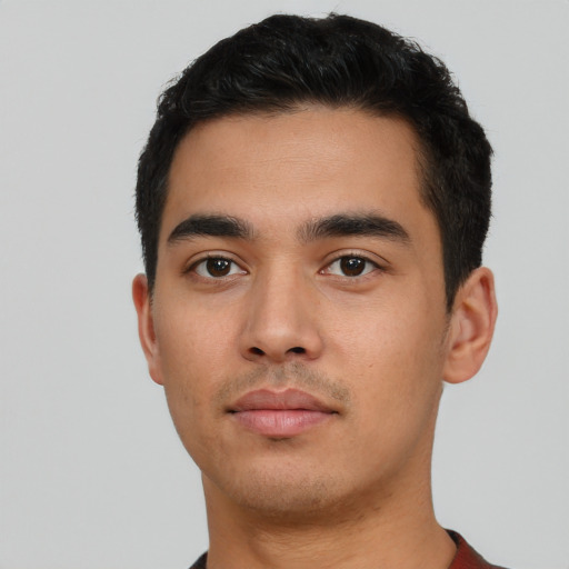 Neutral asian young-adult male with short  black hair and brown eyes