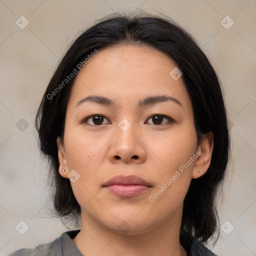 Neutral asian young-adult female with medium  brown hair and brown eyes