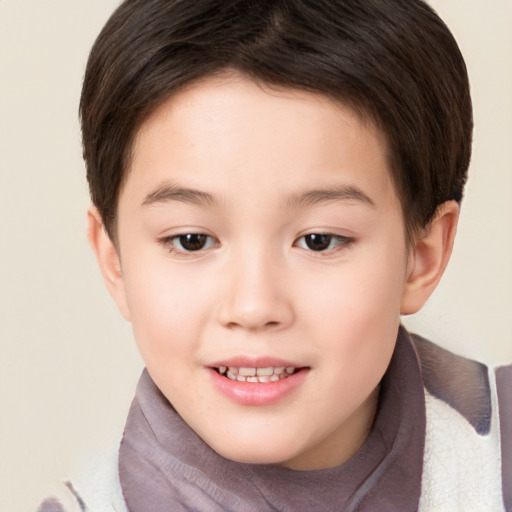 Joyful white child female with short  brown hair and brown eyes