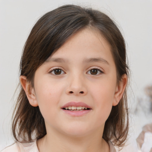 Joyful white child female with medium  brown hair and brown eyes