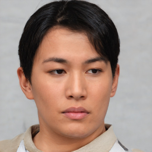 Neutral asian young-adult female with short  brown hair and brown eyes