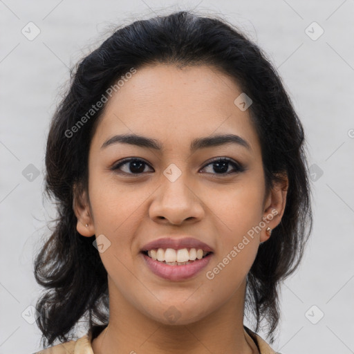 Joyful latino young-adult female with medium  brown hair and brown eyes