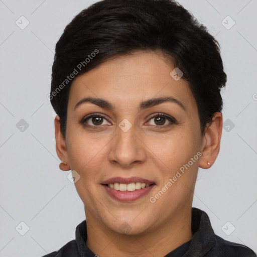 Joyful white young-adult female with short  brown hair and brown eyes