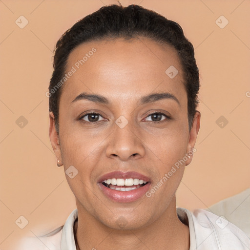 Joyful white young-adult female with short  black hair and brown eyes