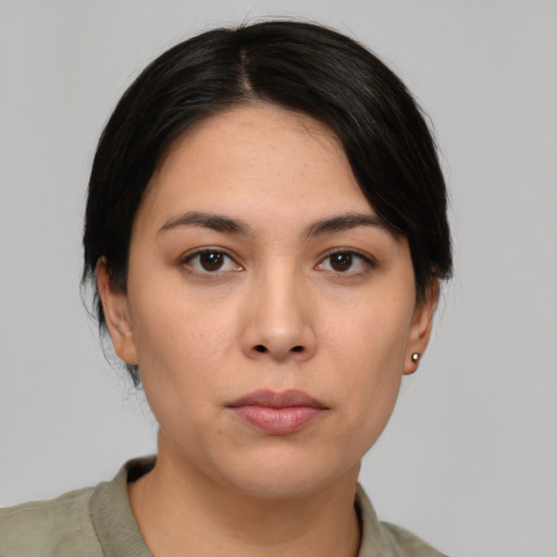 Neutral asian young-adult female with medium  black hair and brown eyes