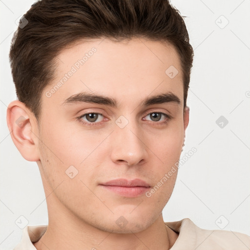 Neutral white young-adult male with short  brown hair and brown eyes