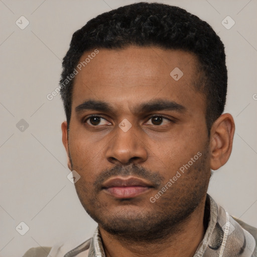 Neutral latino young-adult male with short  black hair and brown eyes