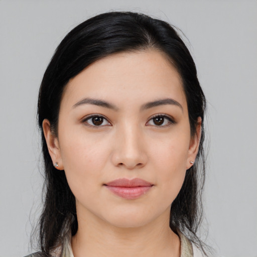 Neutral asian young-adult female with medium  black hair and brown eyes