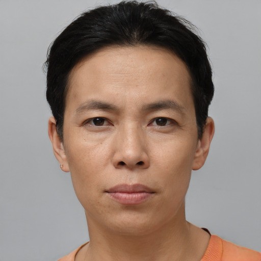 Neutral asian young-adult male with short  black hair and brown eyes