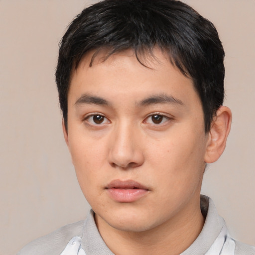 Neutral white young-adult male with short  black hair and brown eyes