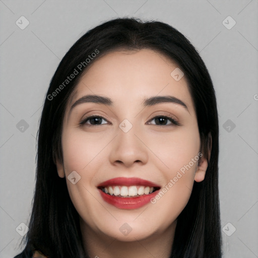 Joyful white young-adult female with long  black hair and brown eyes