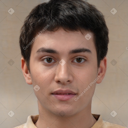 Neutral white young-adult male with short  brown hair and brown eyes