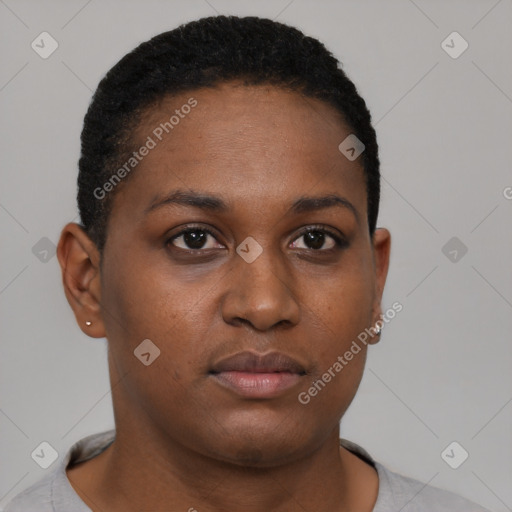 Neutral black young-adult female with short  brown hair and brown eyes