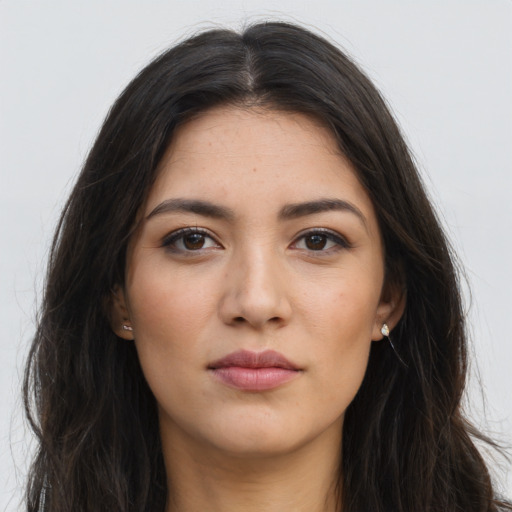 Neutral asian young-adult female with long  brown hair and brown eyes