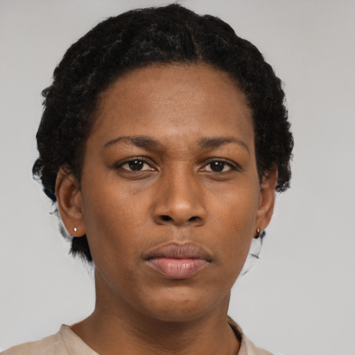 Neutral black young-adult female with short  brown hair and brown eyes
