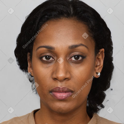 Neutral black young-adult female with medium  black hair and brown eyes