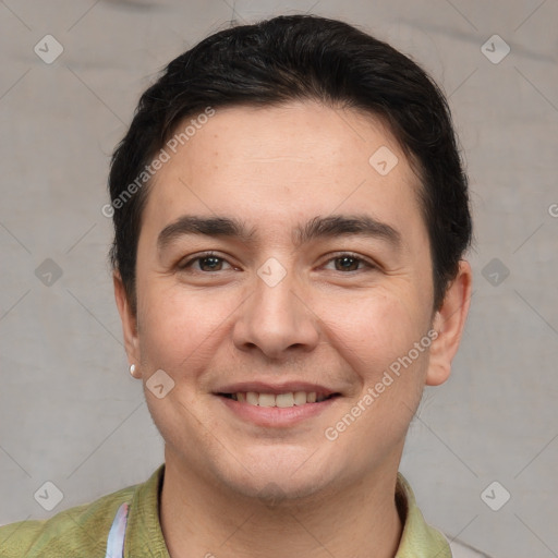 Joyful white young-adult male with short  brown hair and brown eyes