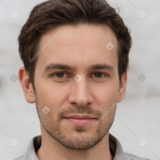 Neutral white young-adult male with short  brown hair and grey eyes