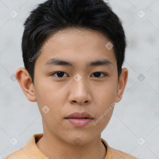 Neutral asian young-adult male with short  brown hair and brown eyes