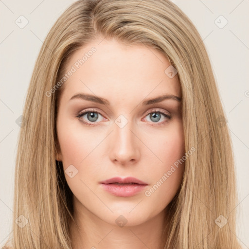 Neutral white young-adult female with long  brown hair and brown eyes